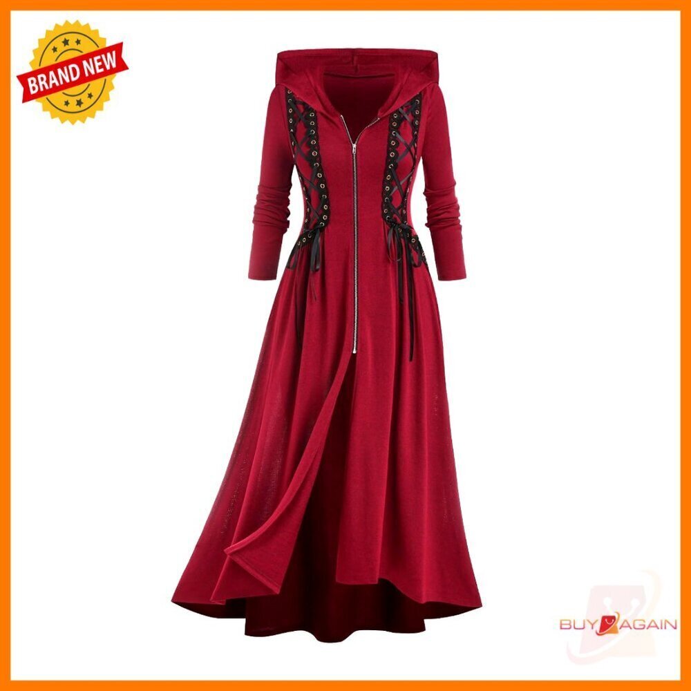 Plus Size Hooded Lace-Up Zipper High Low Maxi Coat Gothic Longline Overcoat